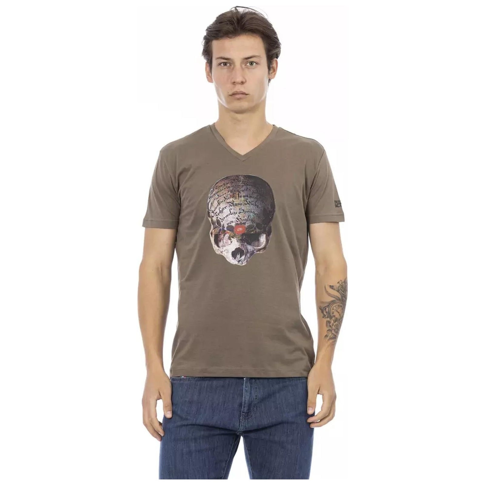 Short Sleeve V-neck T-shirt with Front Print S Men