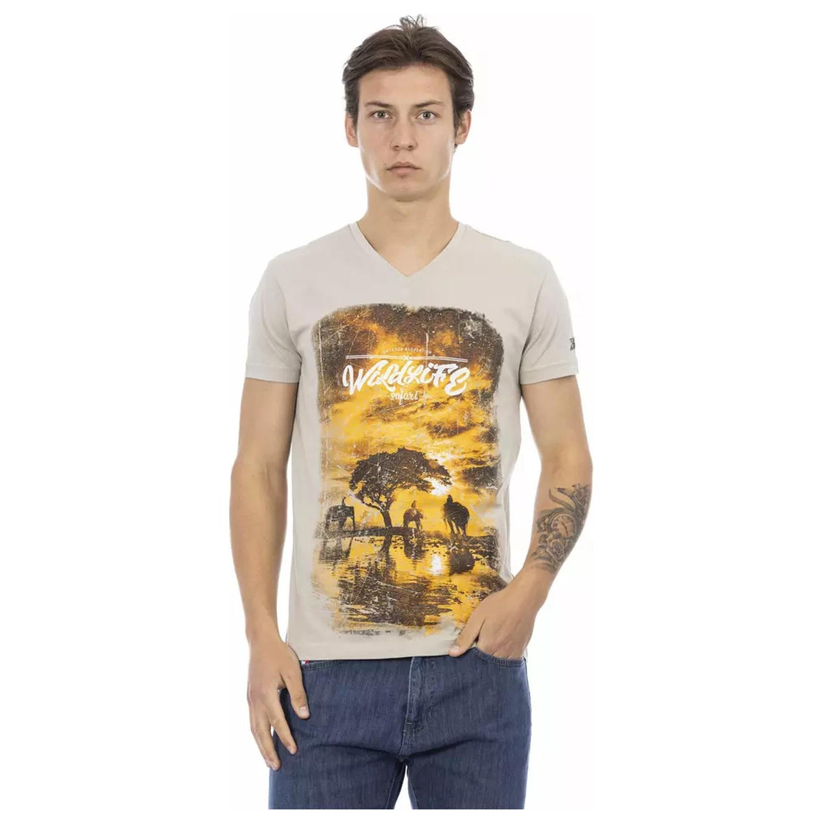 Short Sleeve V-neck T-shirt with Front Print S Men