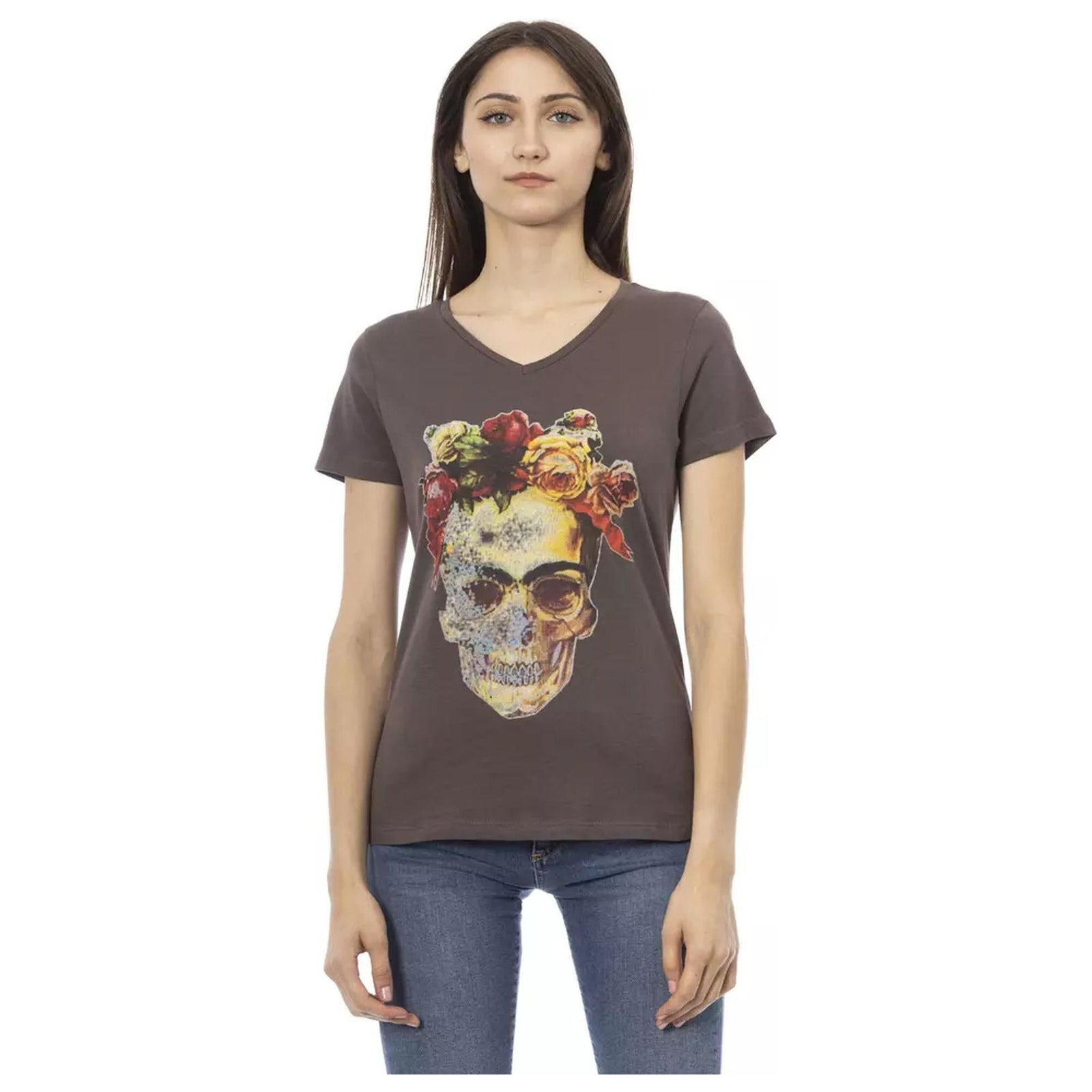 Short Sleeve V-Neck T-Shirt with Front Print M Women