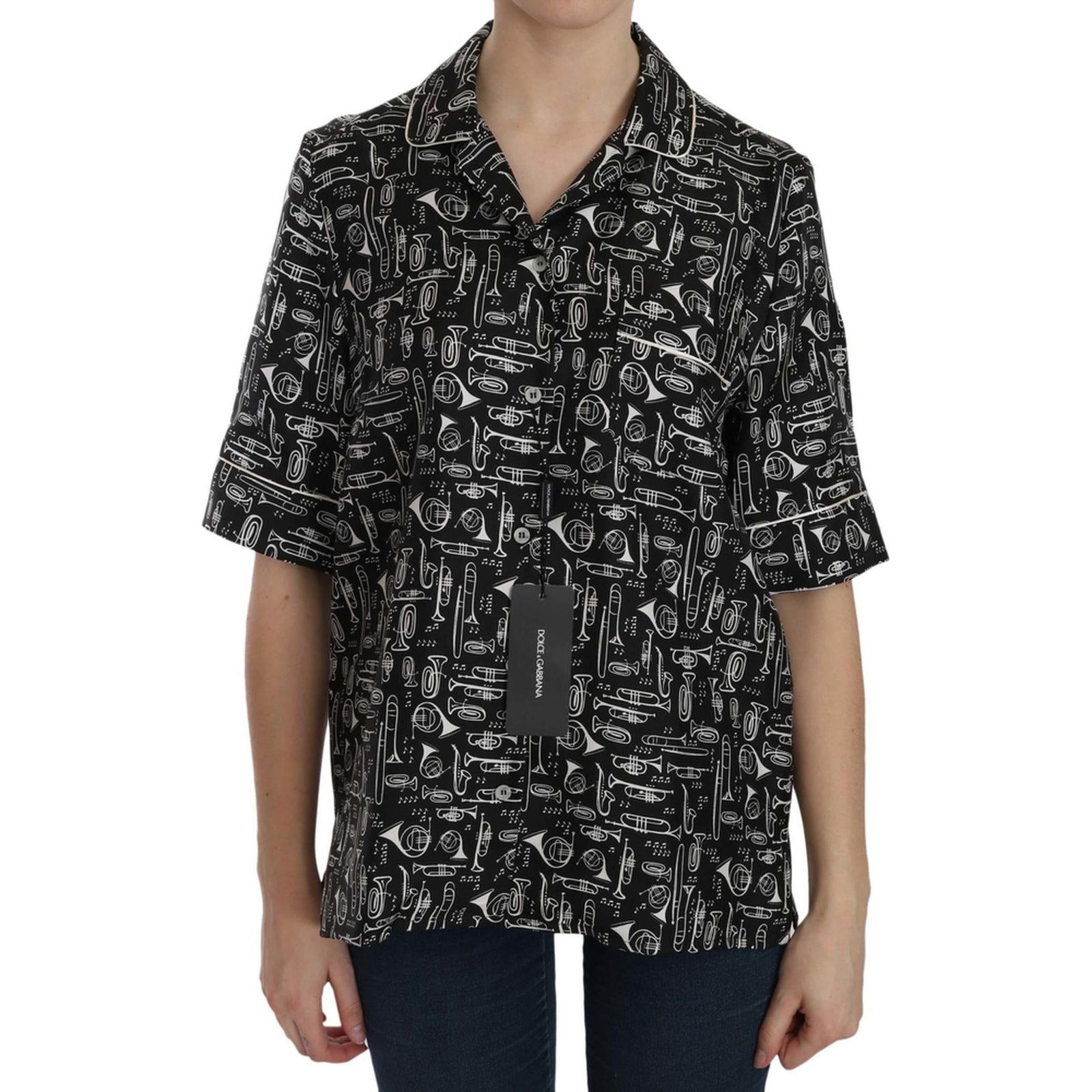Musical Instrument Print Collared Top 42 IT Women