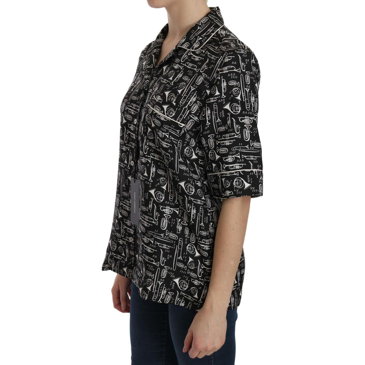 Musical Instrument Print Collared Top 42 IT Women