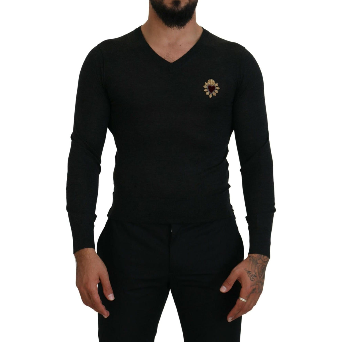 Stunning Dolce &amp;amp; Gabbana V-Neck Sweater with Heart Embroidery 44 IT Men