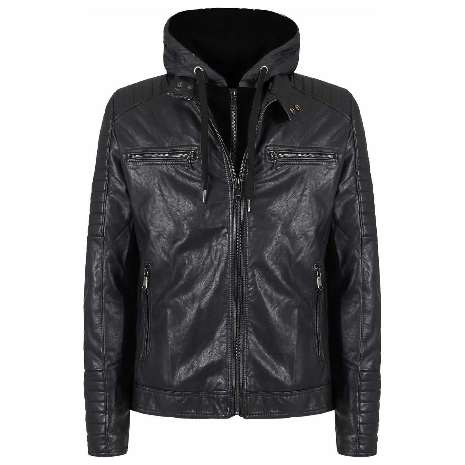 Yes Zee hooded eco-leather jacket with brand logo 4-pocket design S Men