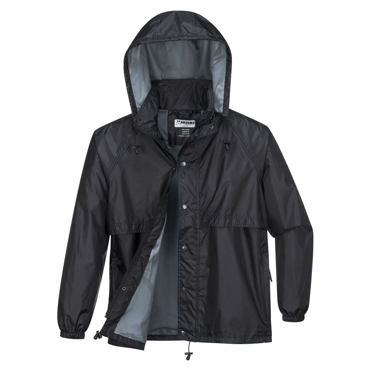 HUSKI STRATUS RAIN JACKET Waterproof Workwear Concealed Hood Windproof Packable - Black - 4XL