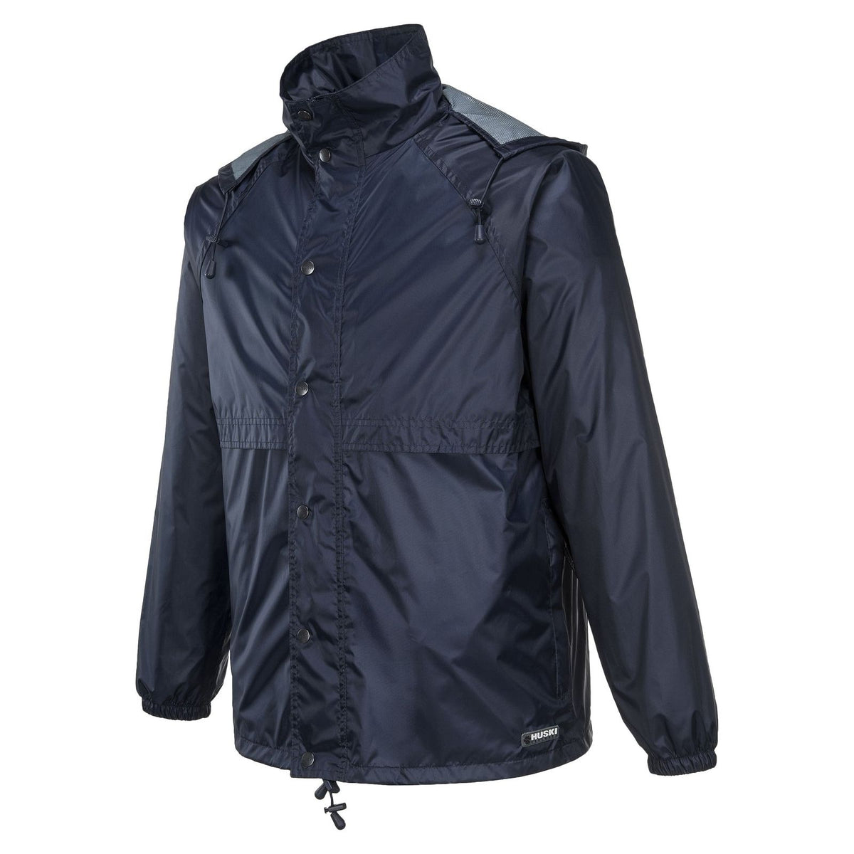 HUSKI STRATUS RAIN JACKET Waterproof Workwear Concealed Hood Windproof Packable - Navy Blue - XL