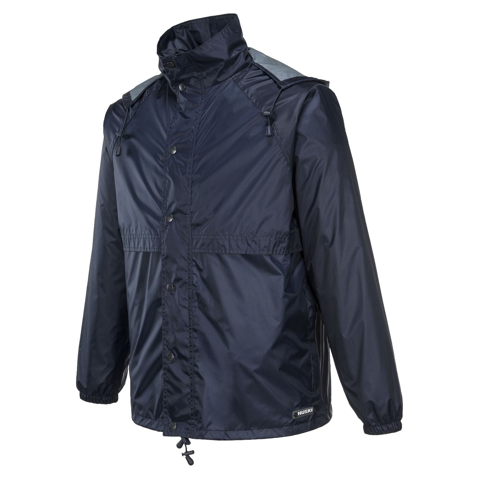HUSKI STRATUS RAIN JACKET Waterproof Workwear Concealed Hood Windproof Packable - Navy Blue - XL