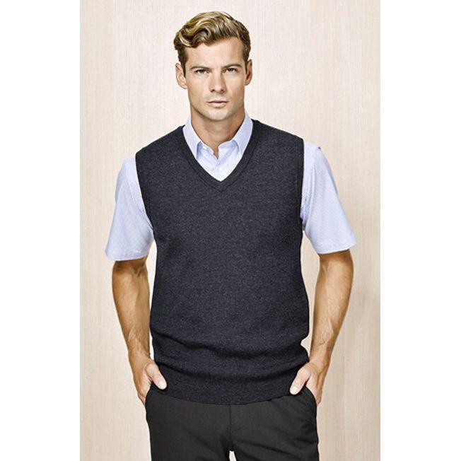 Mens Wool Blend V Neck Vest Sleeveless Double Knit  - Charcoal - Large