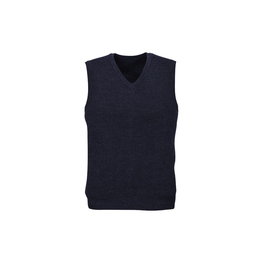 Mens Wool Blend V Neck Vest Sleeveless Double Knit  - Navy - Large