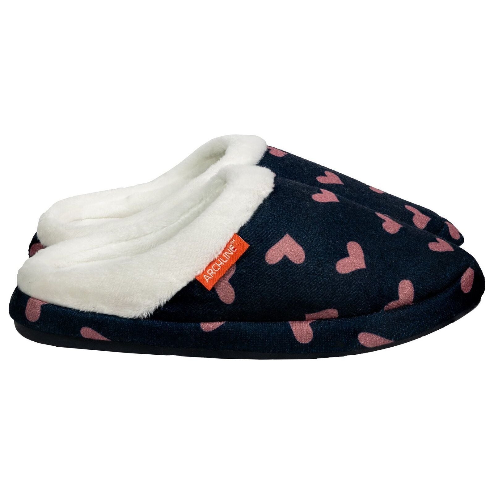 ARCHLINE Orthotic Slippers Slip On Scuffs Pain Relief Moccasins - Navy with Hearts - EUR 35 (Womens US 4)