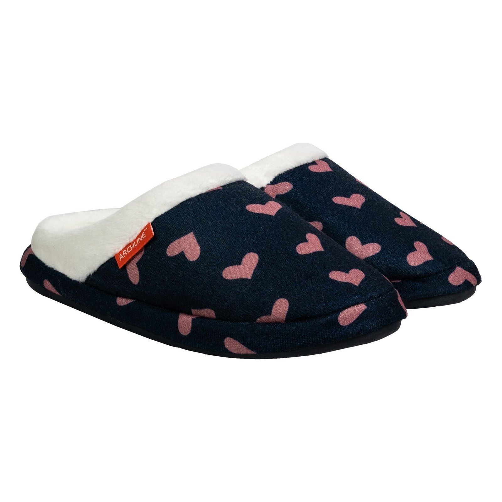 ARCHLINE Orthotic Slippers Slip On Scuffs Pain Relief Moccasins - Navy with Hearts - EUR 35 (Womens US 4)