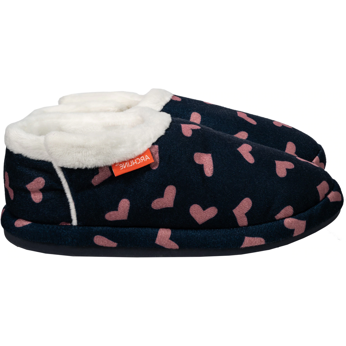 ARCHLINE Orthotic Slippers CLOSED Arch Scuffs Moccasins Pain Relief - Navy with Hearts - EUR43