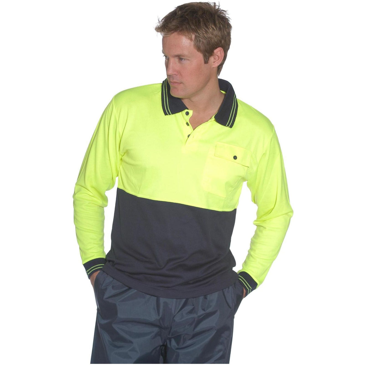 HUSKI Hi Vis Polo Shirt Long Sleeve Safety High Visibility Workwear Driver PPE - Yellow - XXL