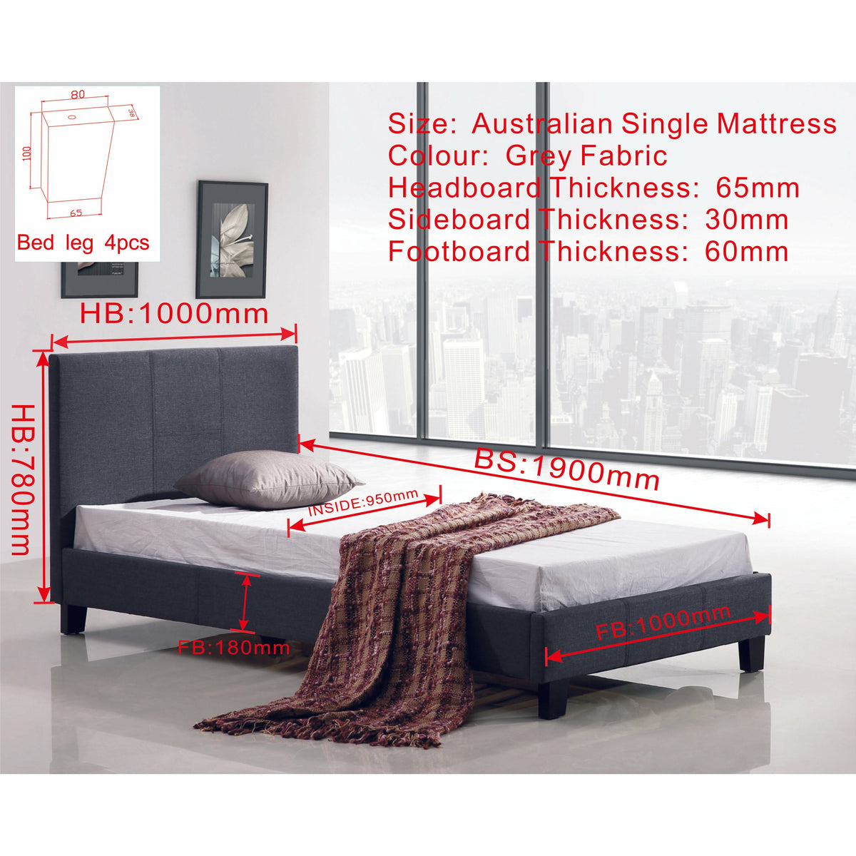 Single Linen Fabric Bed Frame Grey