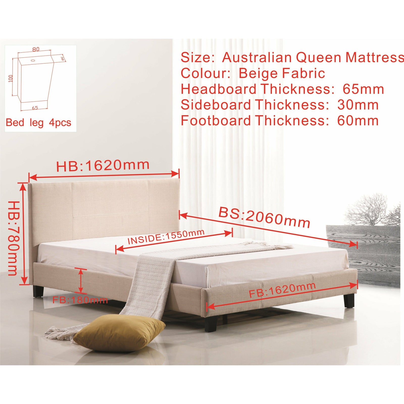 Queen Linen Fabric Bed Frame Beige