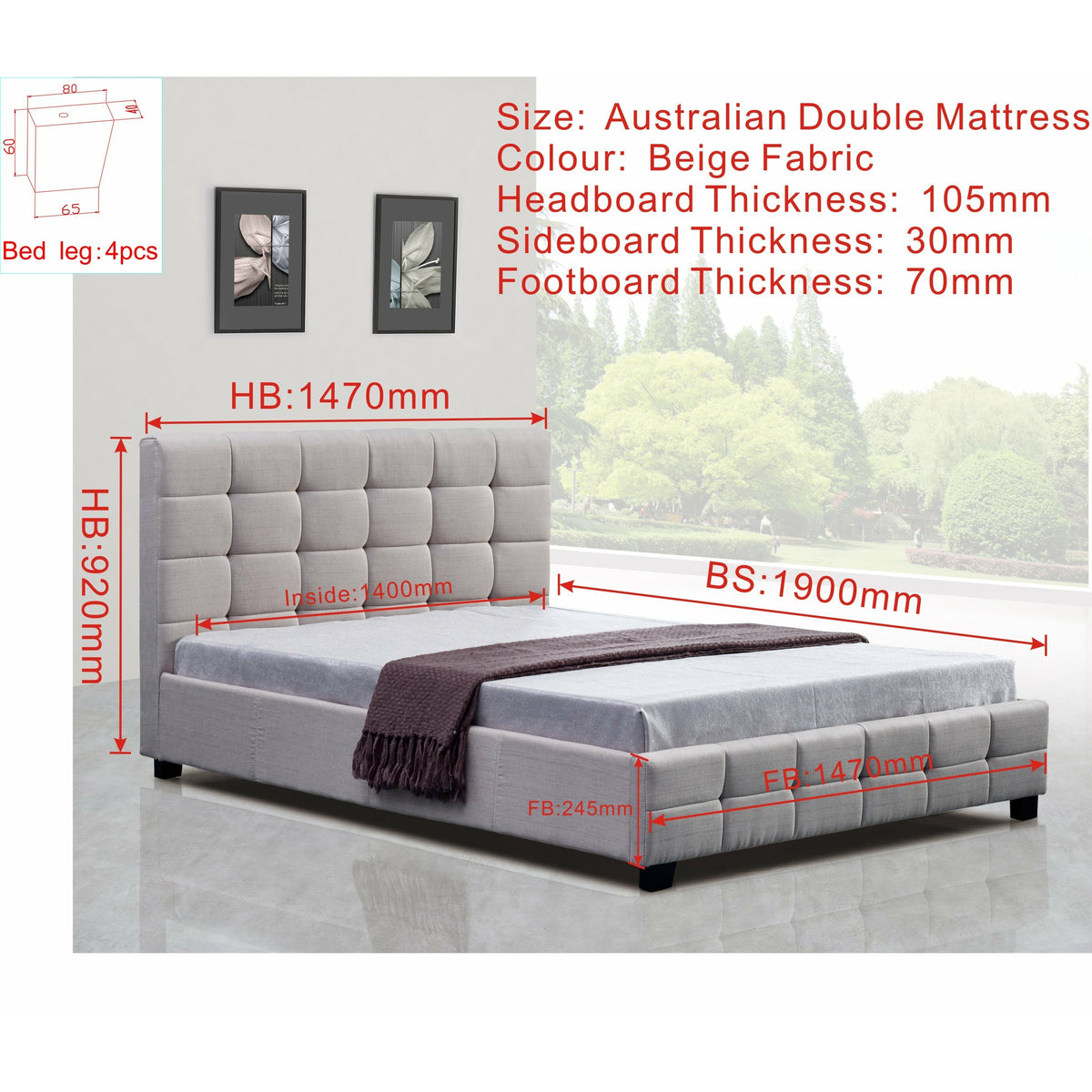 Linen Fabric Double Deluxe Bed Frame Beige