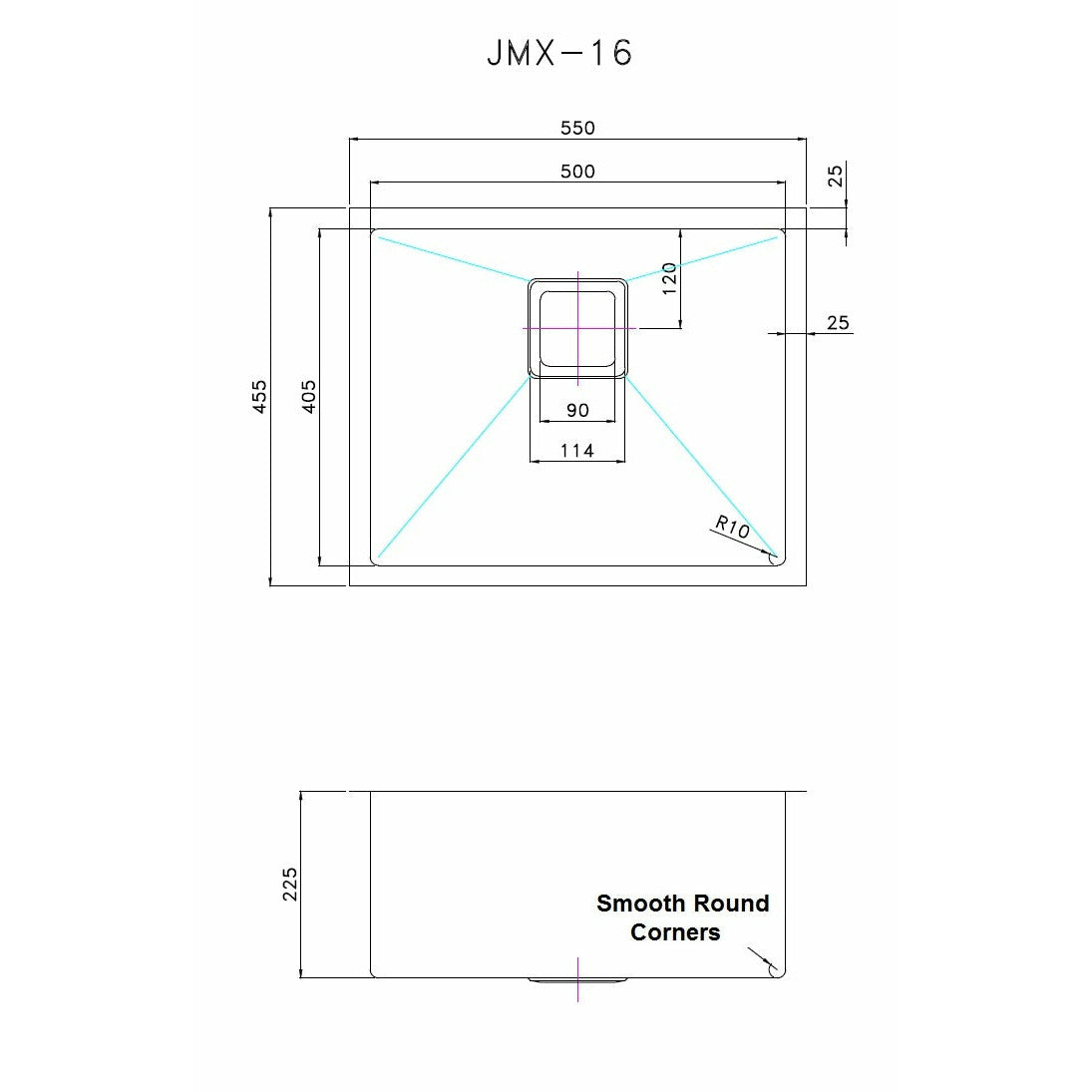 550x455mm Handmade 1.5mm Stainless Steel Undermount / Topmount Kitchen Sink with Square Waste