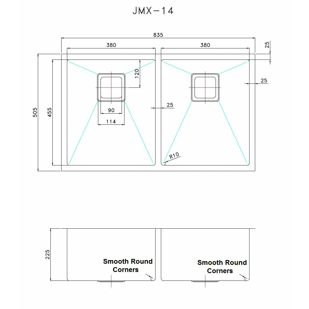 835x505mm Handmade 1.5mm Stainless Steel Undermount / Topmount Kitchen Sink with Square Waste
