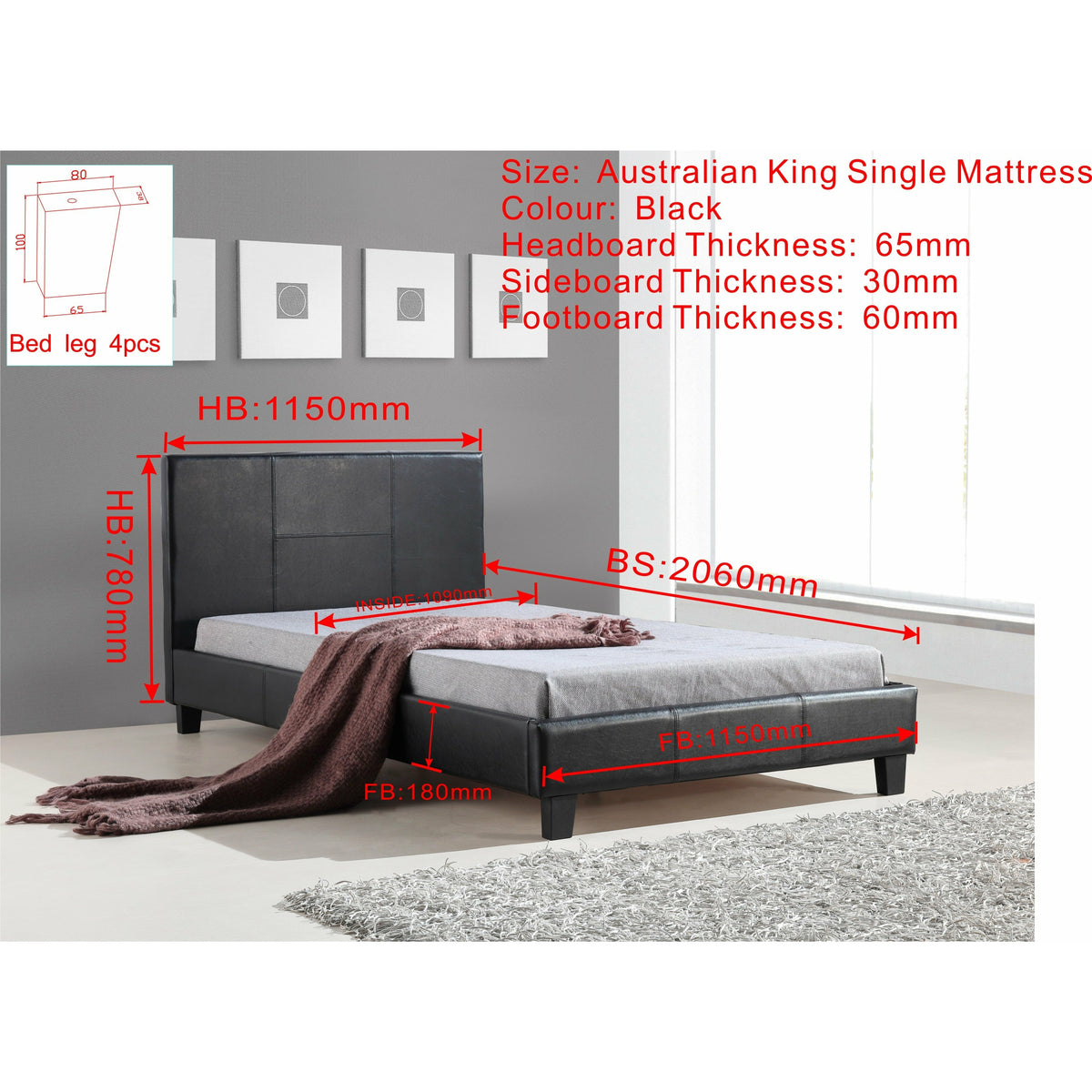 King Single PU Leather Bed Frame Black