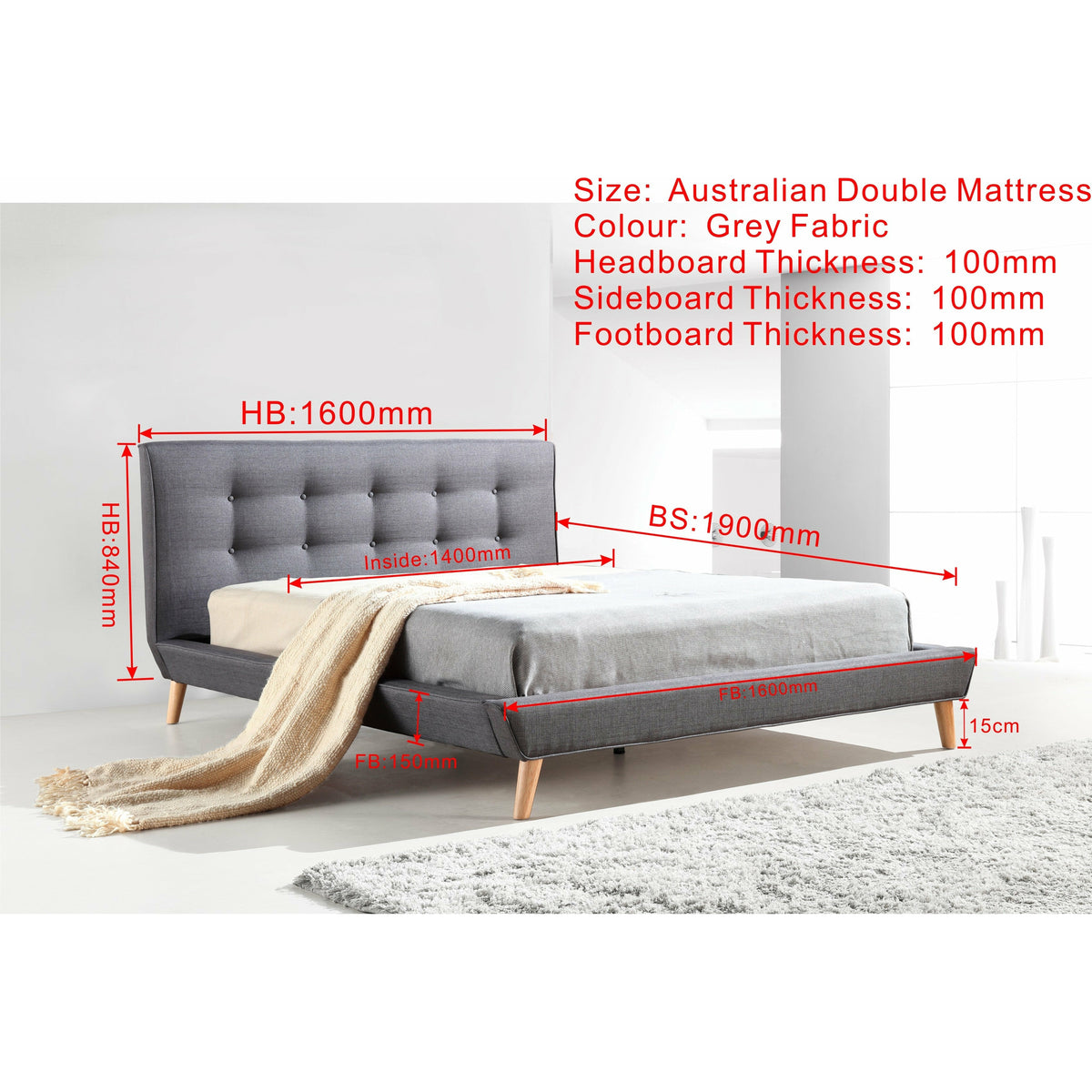 Double Linen Fabric Deluxe Bed Frame Grey