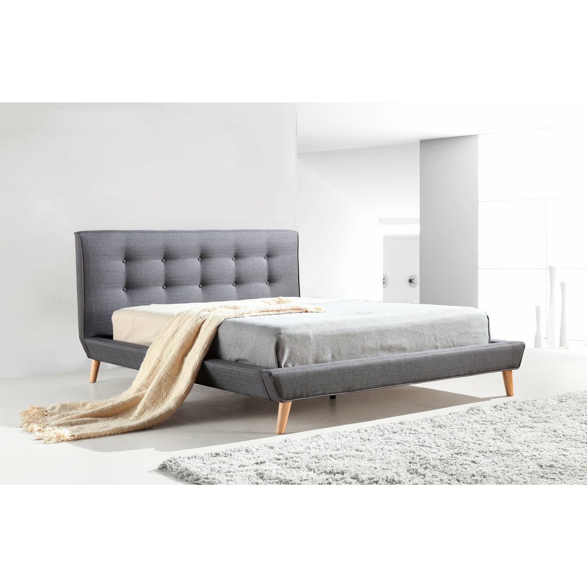 Queen Linen Fabric Deluxe Bed Frame Grey