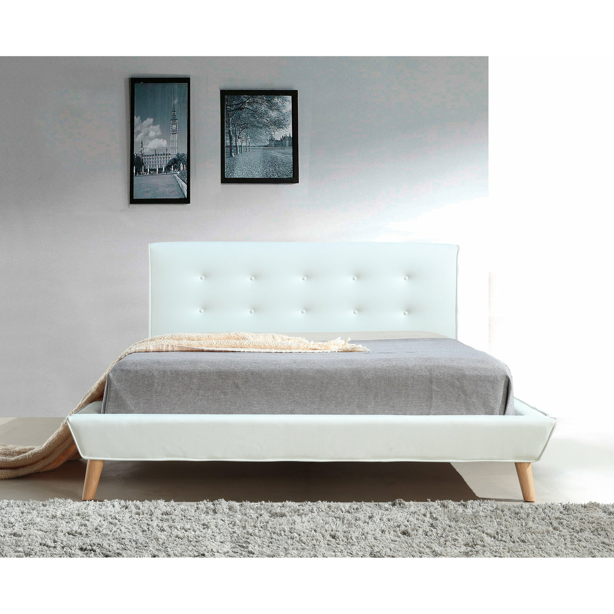 Queen PU Leather Deluxe Bed Frame White