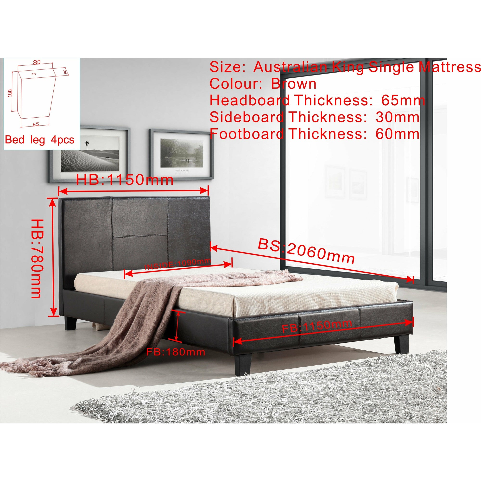 King Single PU Leather Bed Frame Brown