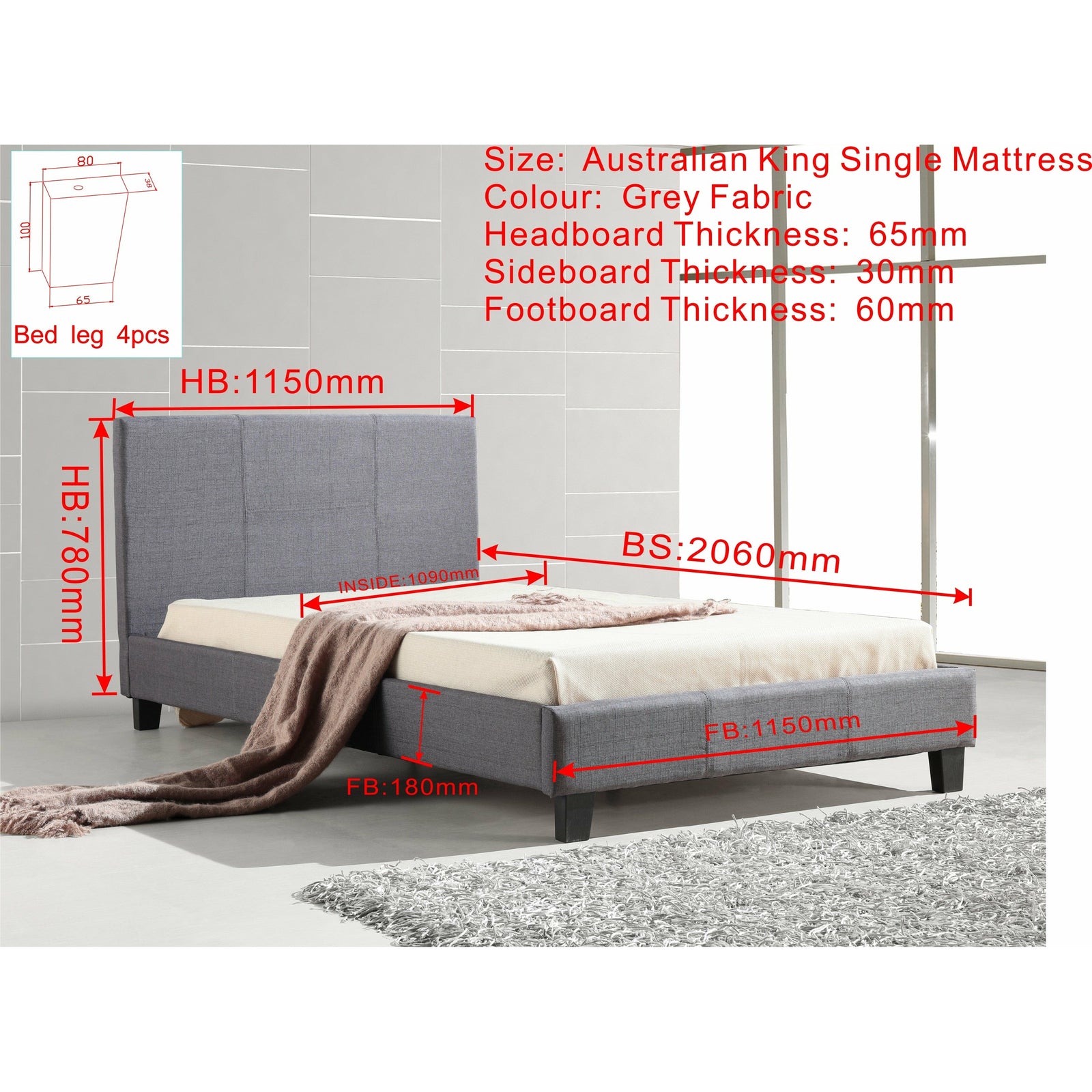 King Single Linen Fabric Bed Frame Grey