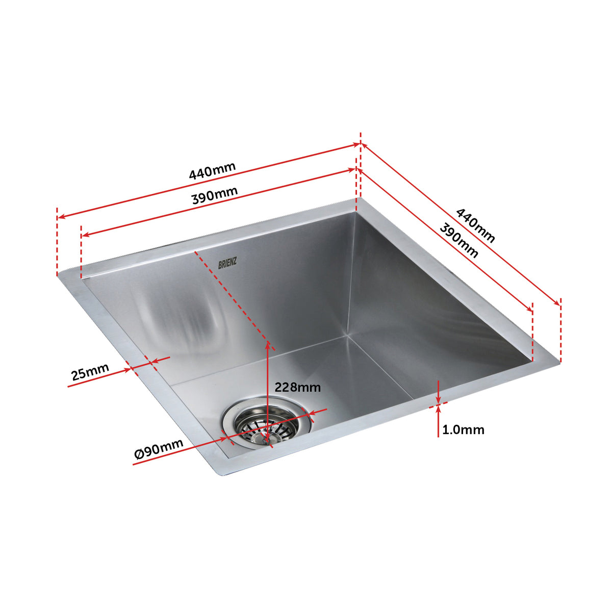 440x440mm Handmade Stainless Steel Undermount / Topmount Kitchen Laundry Sink with Waste