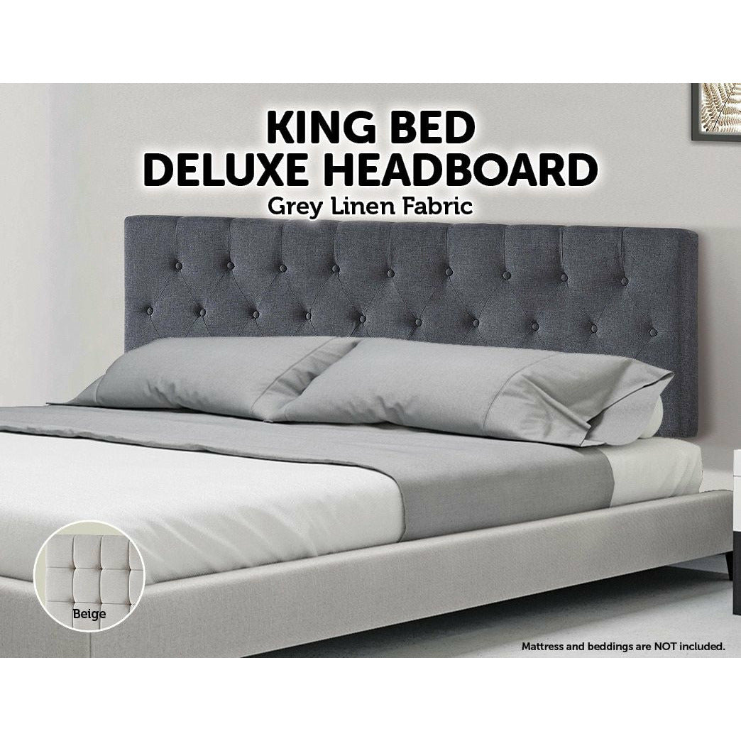 Linen Fabric King Bed Deluxe Headboard Bedhead - Grey