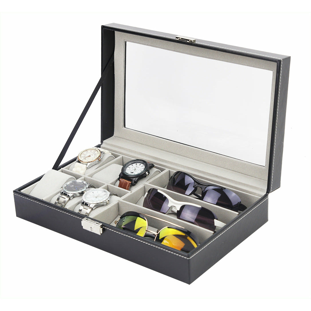 6+3 Grid Watch Sunglass Eyeglasses Display Box Case Storage Organizer PU Leather