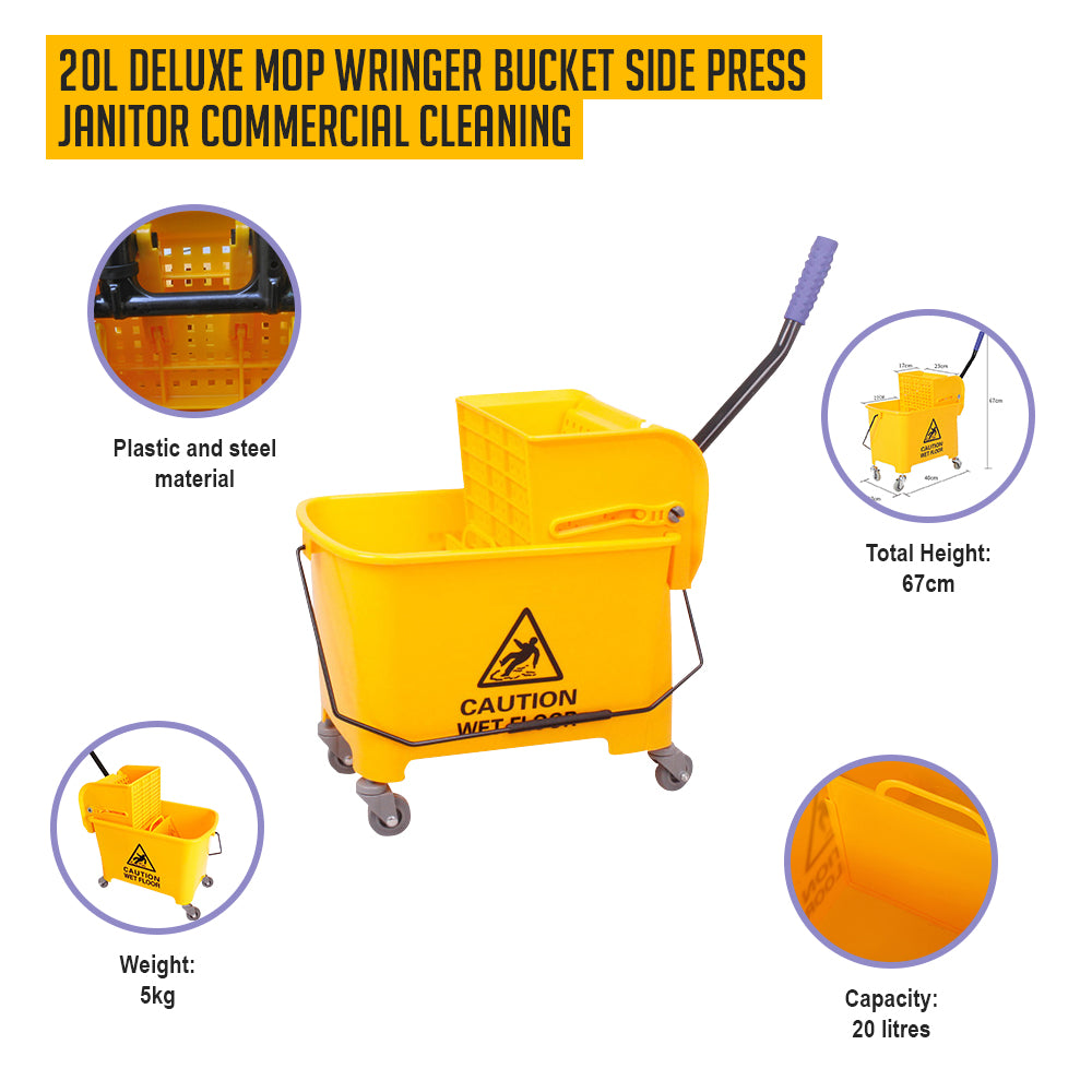 20L Deluxe Mop Wringer Bucket Side Press Janitor Commercial Cleaning