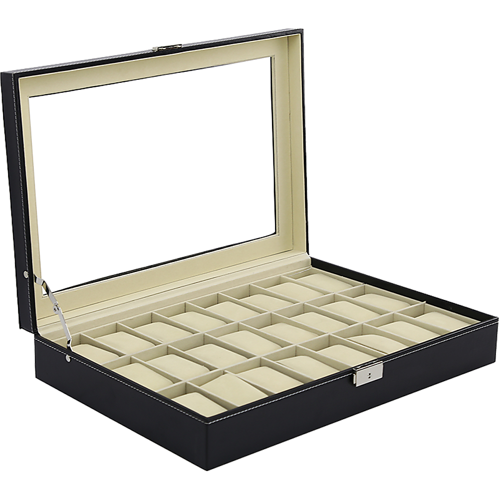 Watch Box - 24 Slot Luxury Display Case With Framed Glass Lid