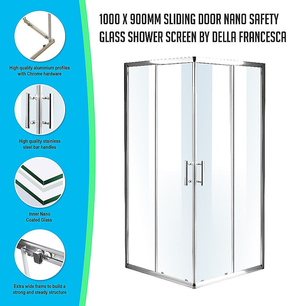 1000 x 900mm Sliding Door Nano Safety Glass Shower Screen By Della Francesca