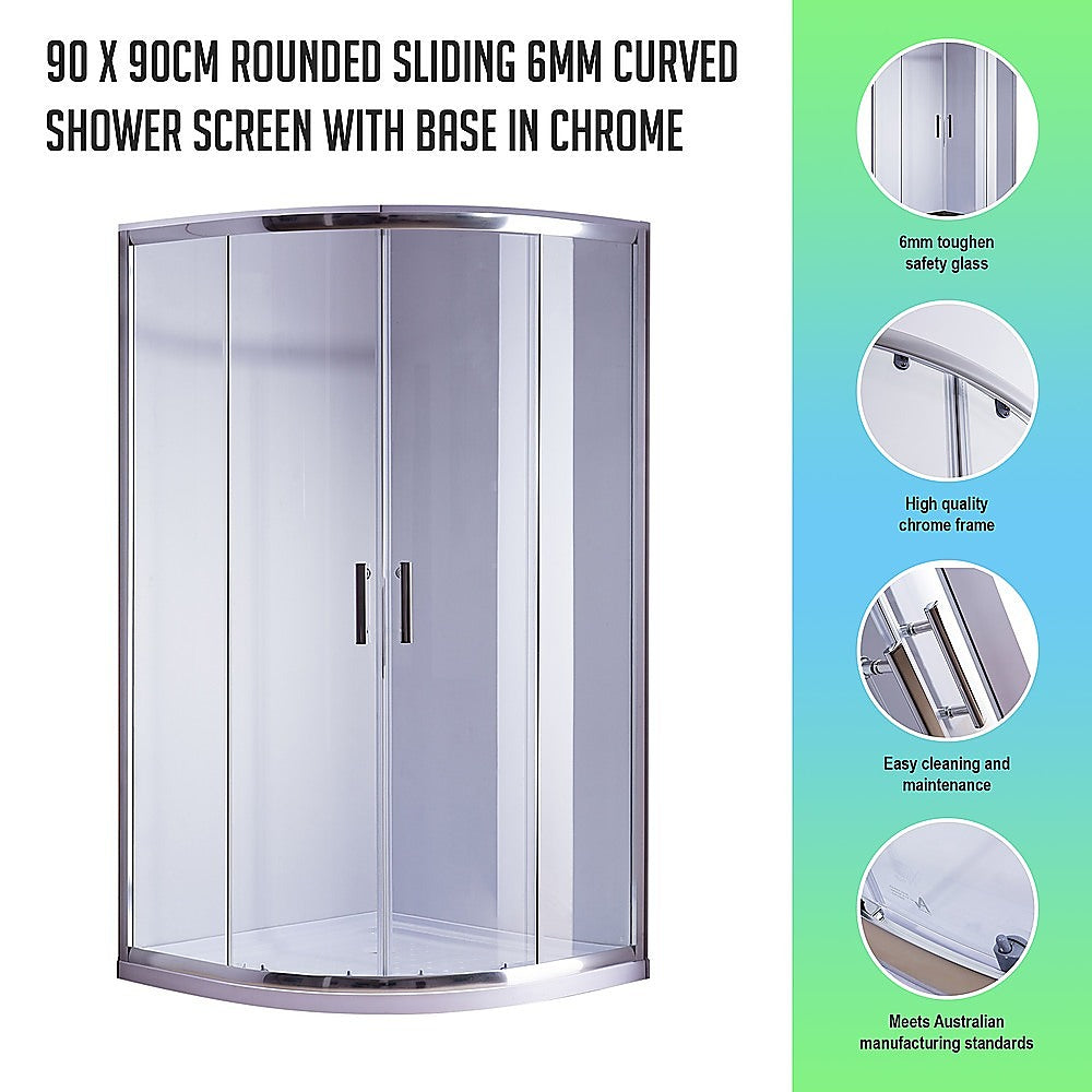 90 x 90cm Rounded Sliding 6mm Curved Shower Screen with Base in Chrome