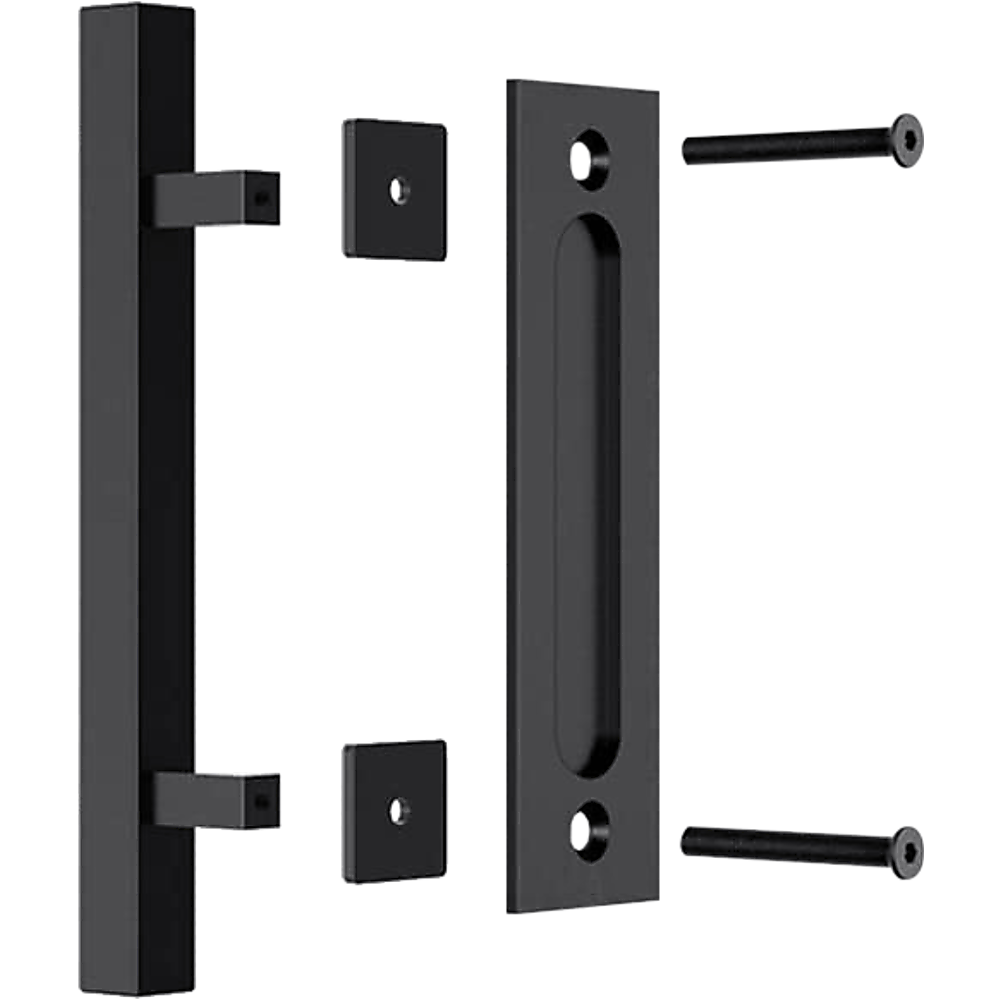12" Square Pull and Flush Door Handle Set Black Barn Door Hardware