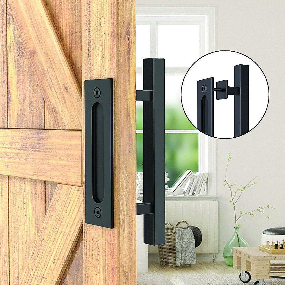 12" Square Pull and Flush Door Handle Set Black Barn Door Hardware
