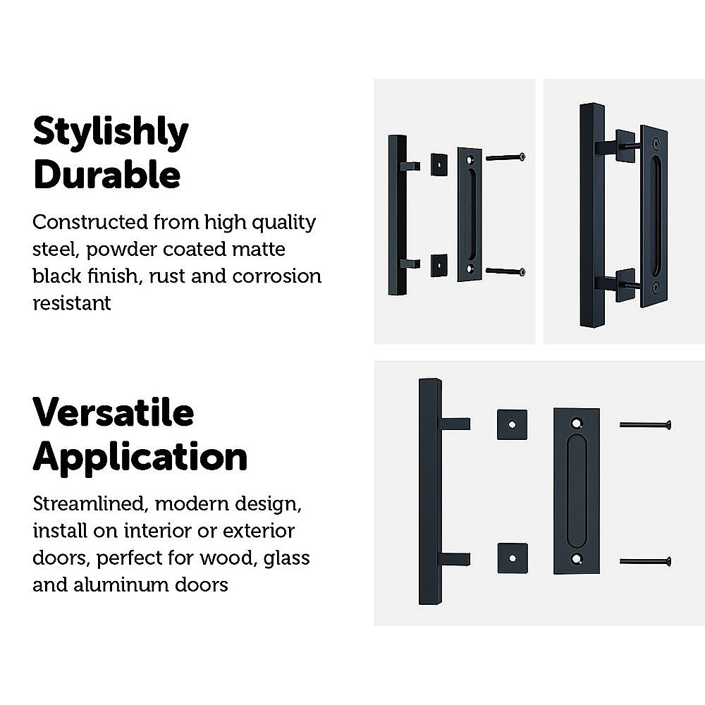 12" Square Pull and Flush Door Handle Set Black Barn Door Hardware