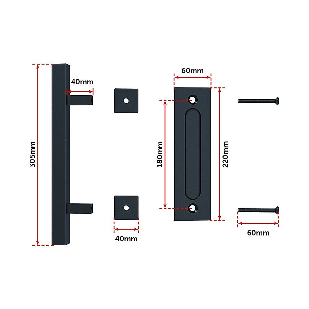 12" Square Pull and Flush Door Handle Set Black Barn Door Hardware