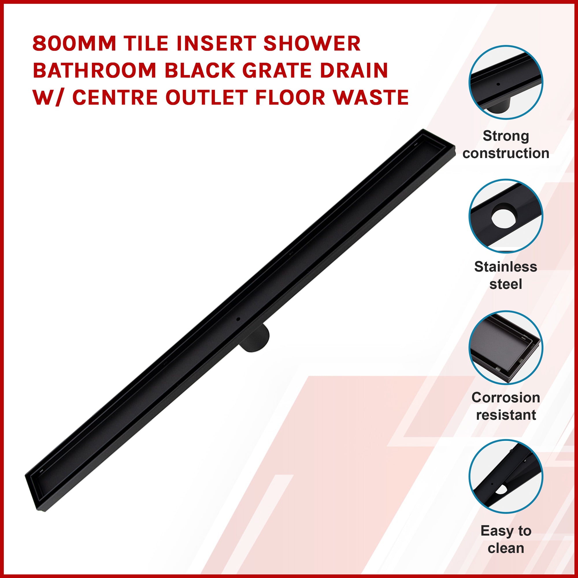 800mm Tile Insert Shower Bathroom Black Grate Drain w/Centre outlet Floor Waste