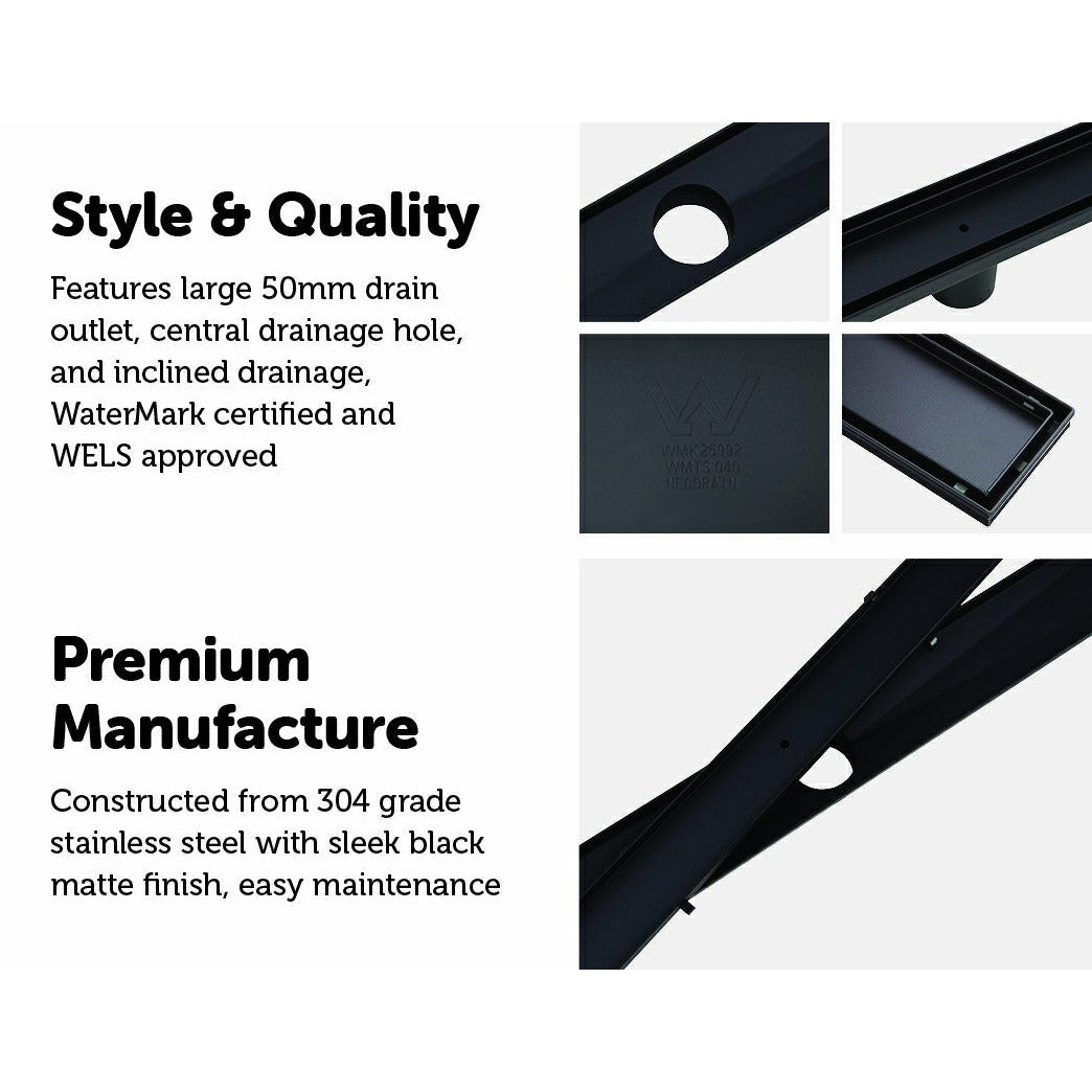 1200mm Tile Insert Bathroom Shower Black Grate Drain w/Centre outlet Floor Waste