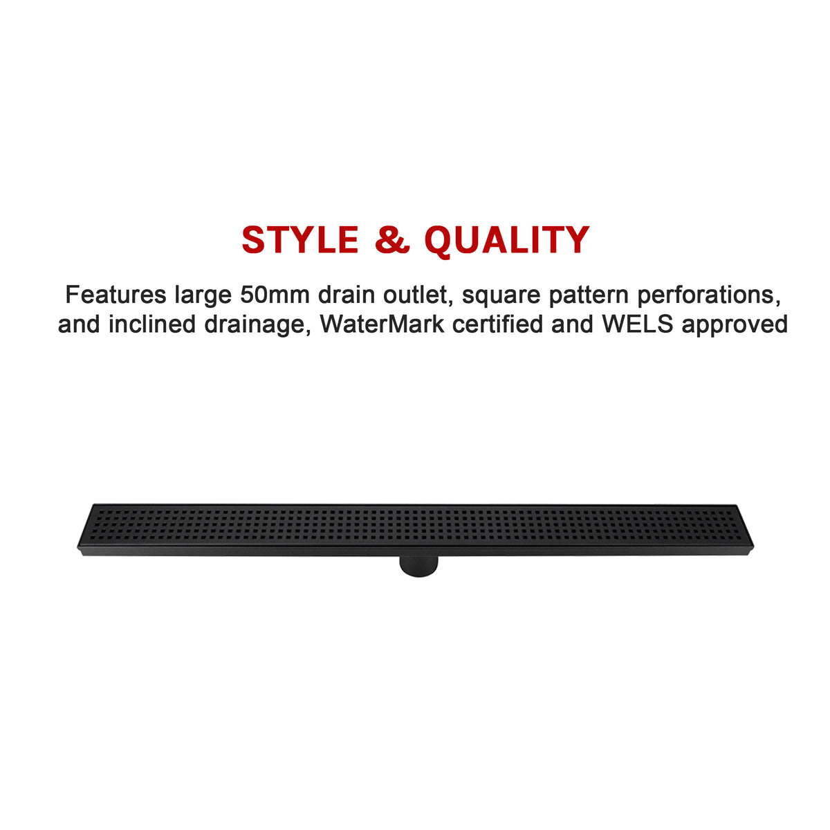 800mm Bathroom Shower Black Grate Drain w/Centre outlet Floor Waste