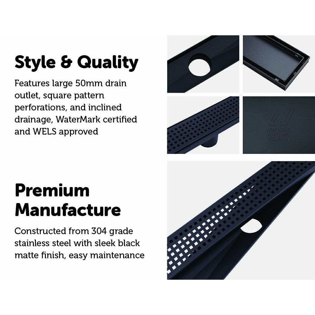 1000mm Bathroom Shower Black Grate Drain w/Centre outlet Floor Waste Square Pattern