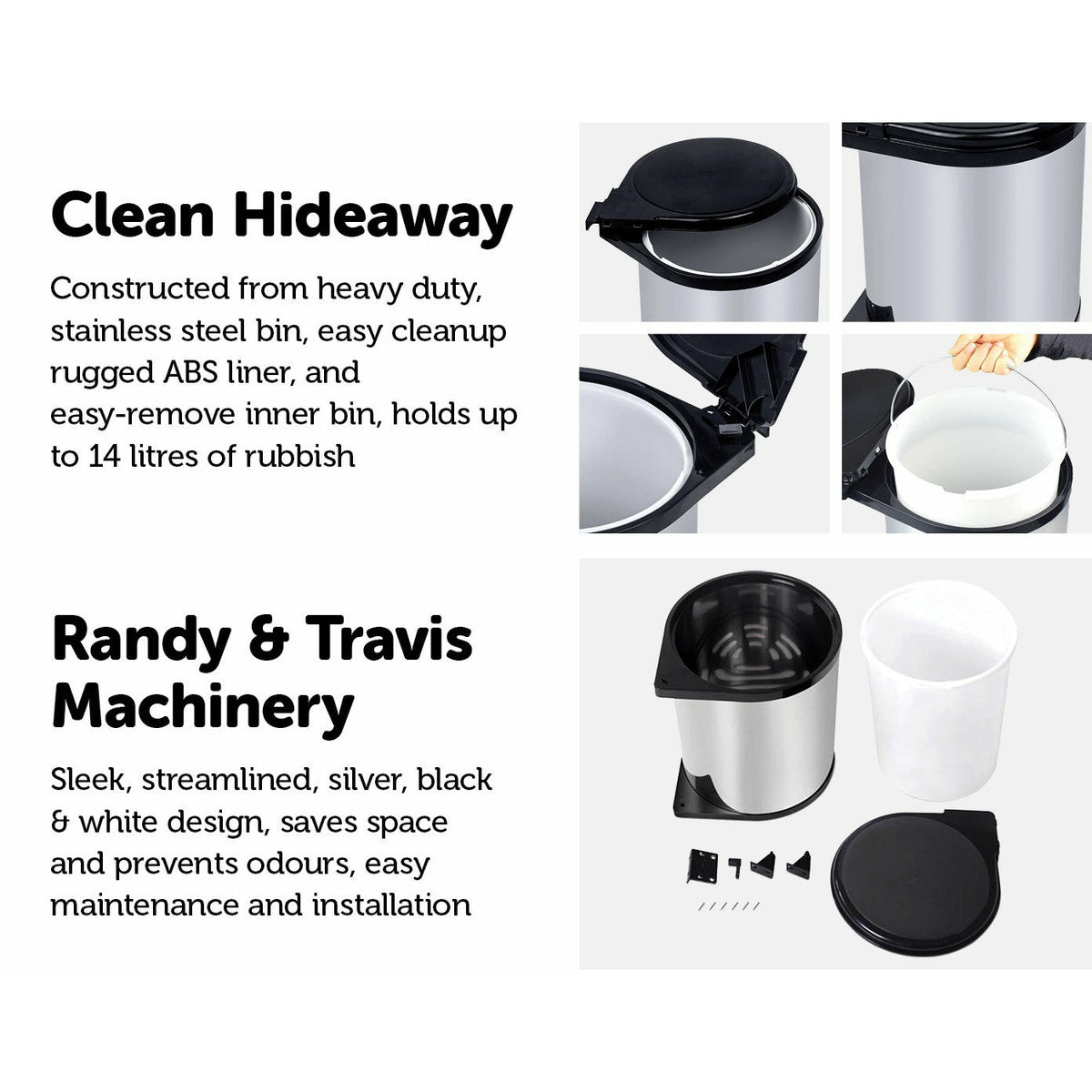 Kitchen Swing Pull Out Bin Stainless Steel Garbage Rubbish Waste Trash Can 14L