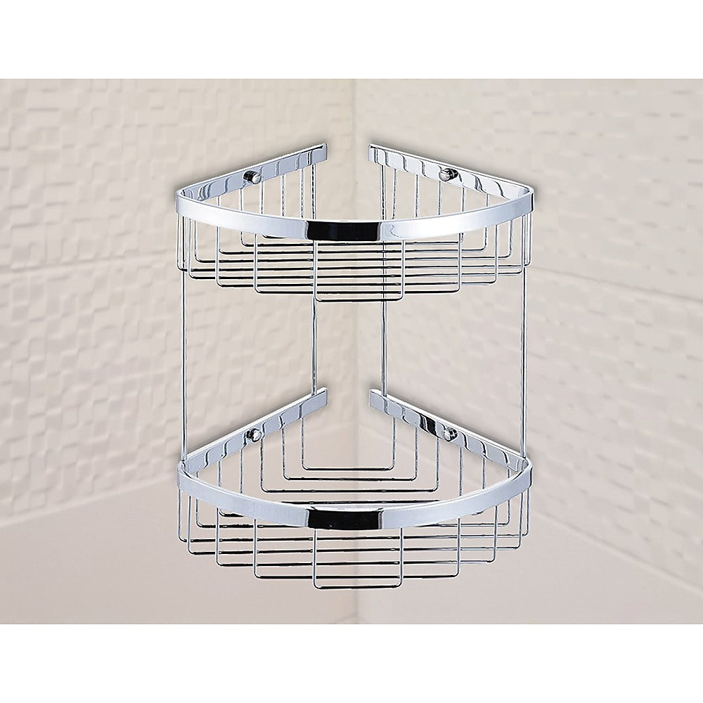 2-Tier Corner Bathroom Basket Shelf Rail Rack