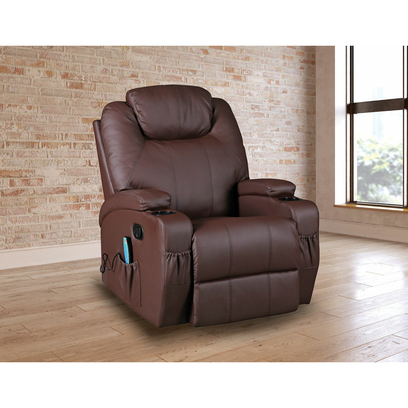 Brown Massage Sofa Chair Recliner 360 Degree Swivel PU Leather Lounge 8 Point Heated