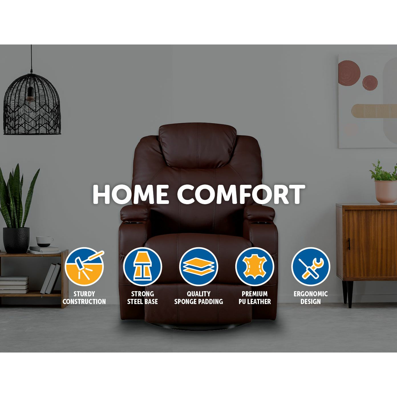 Brown Massage Sofa Chair Recliner 360 Degree Swivel PU Leather Lounge 8 Point Heated