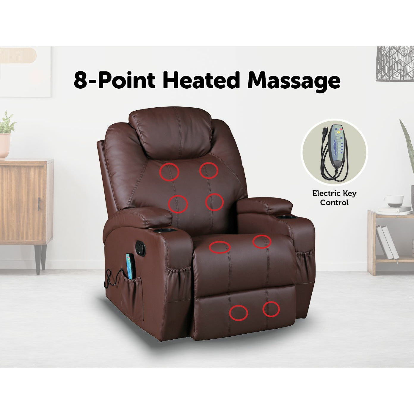Brown Massage Sofa Chair Recliner 360 Degree Swivel PU Leather Lounge 8 Point Heated