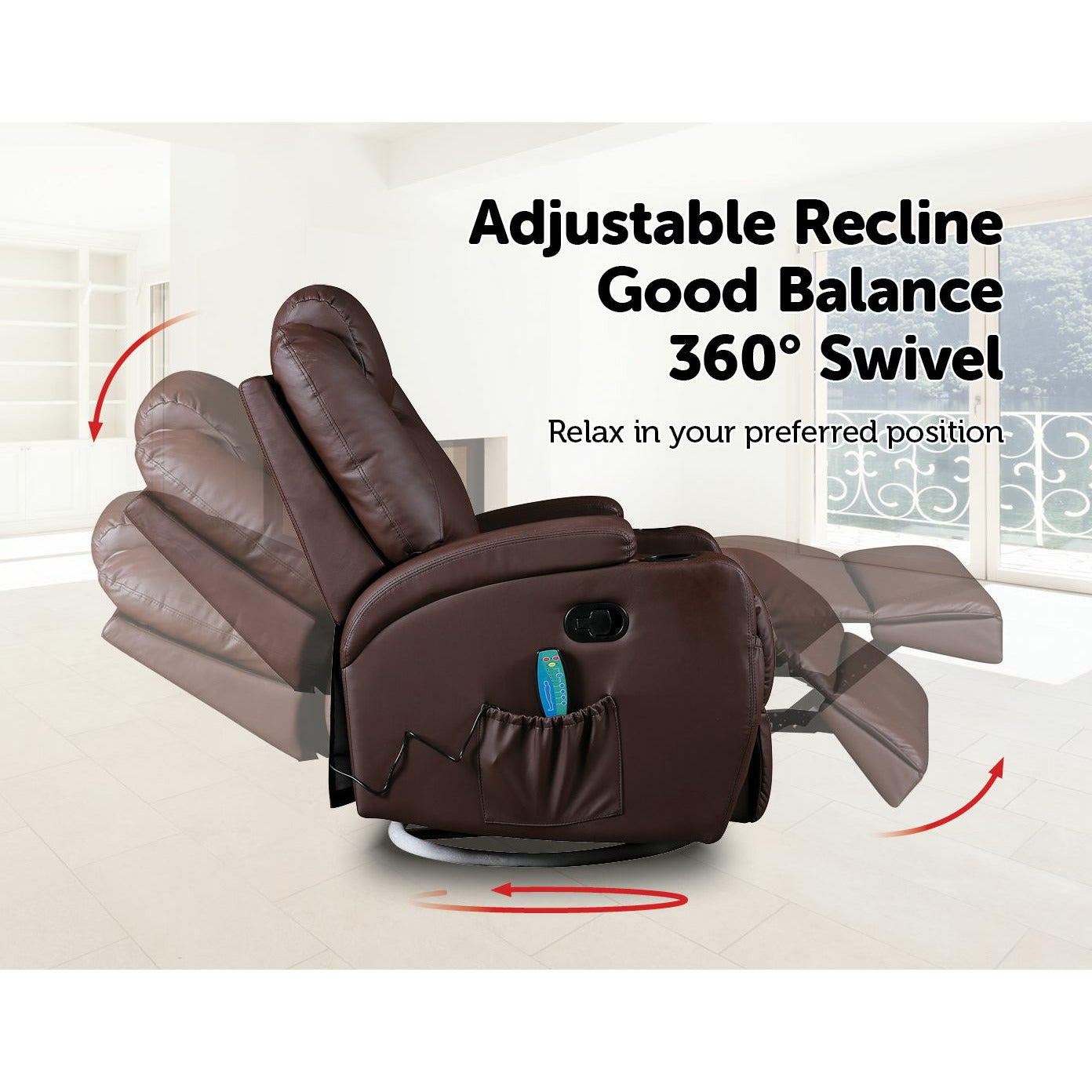Brown Massage Sofa Chair Recliner 360 Degree Swivel PU Leather Lounge 8 Point Heated
