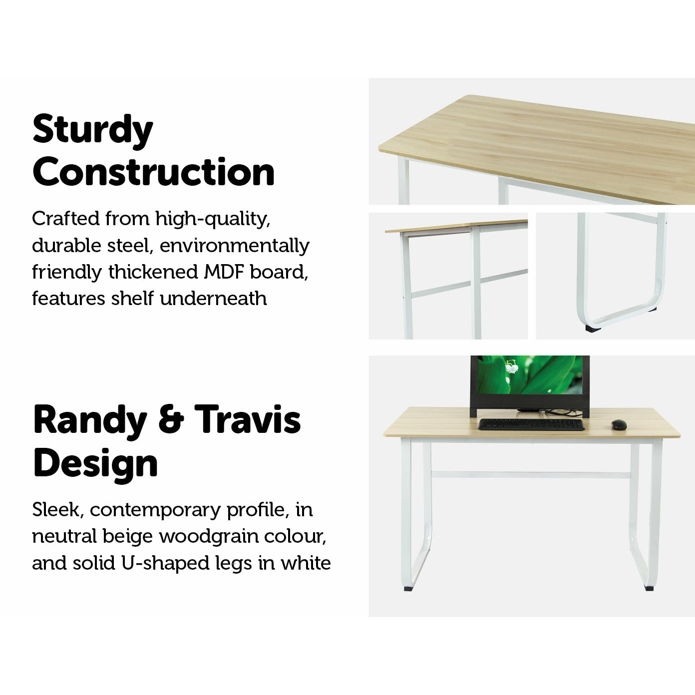 Wood & Steel Solid Computer Desk Home Office Furniture