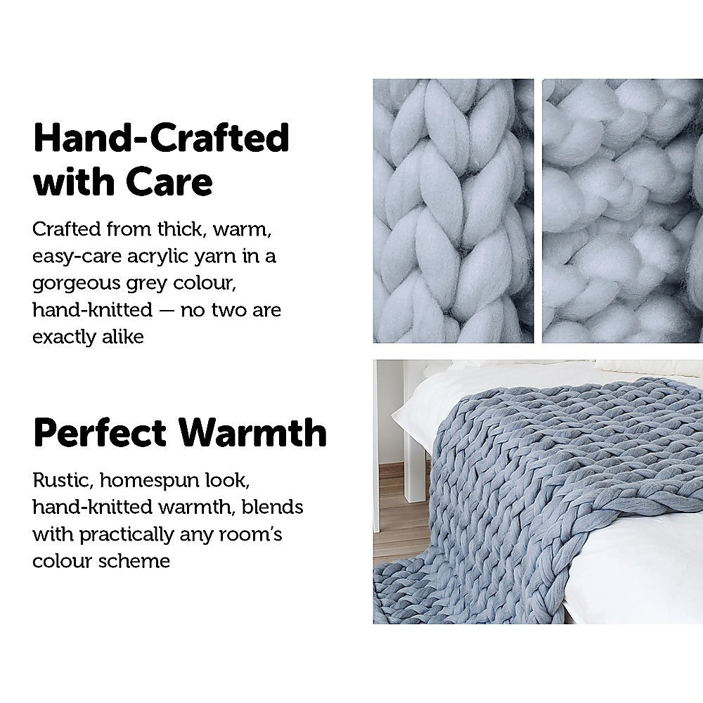 Hand Knitted Chunky Blanket Thick Acrylic Yarn Blanket Home Decor Throw Rug - Grey